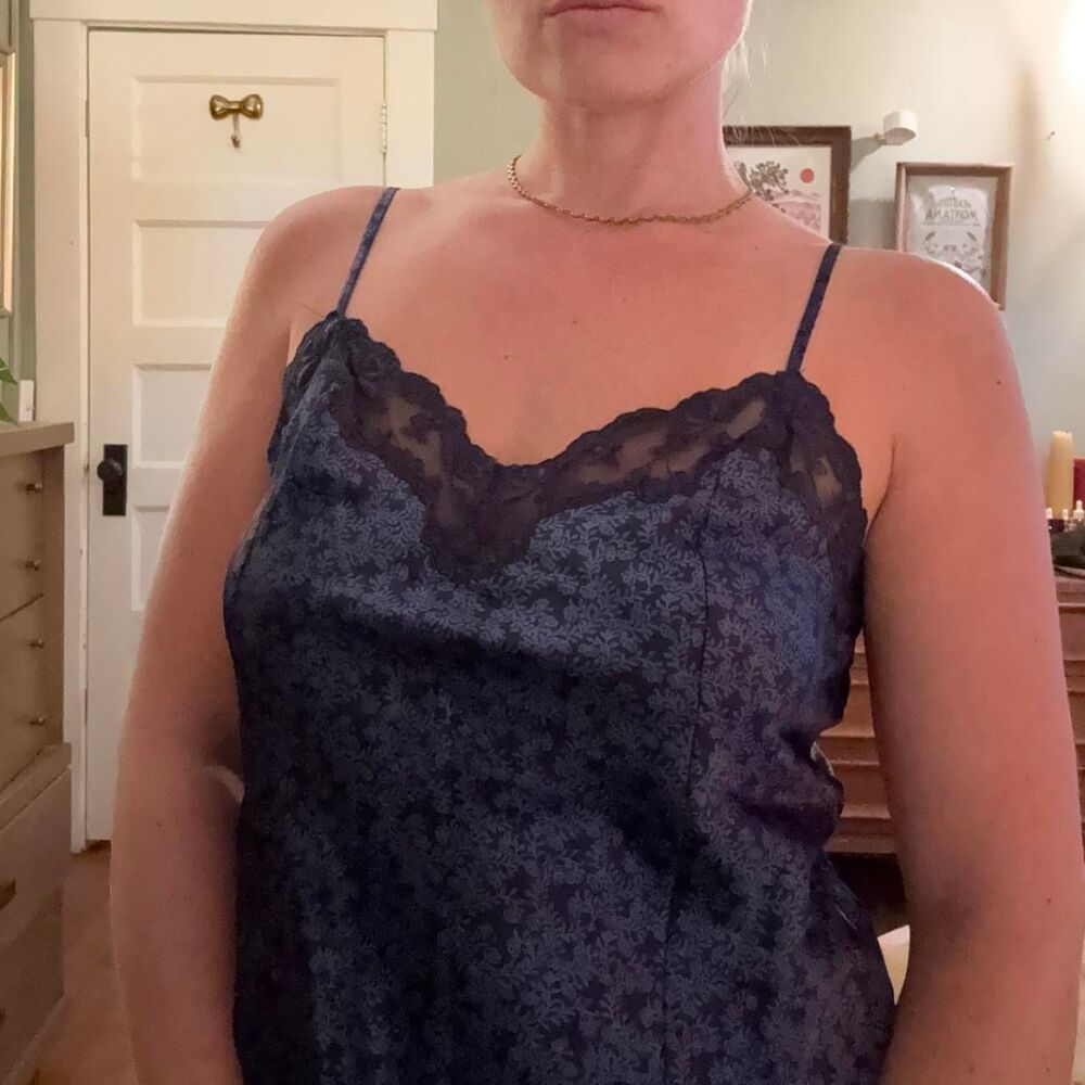 Victoria's Secret satin like navy blue floral lace slip dress size S